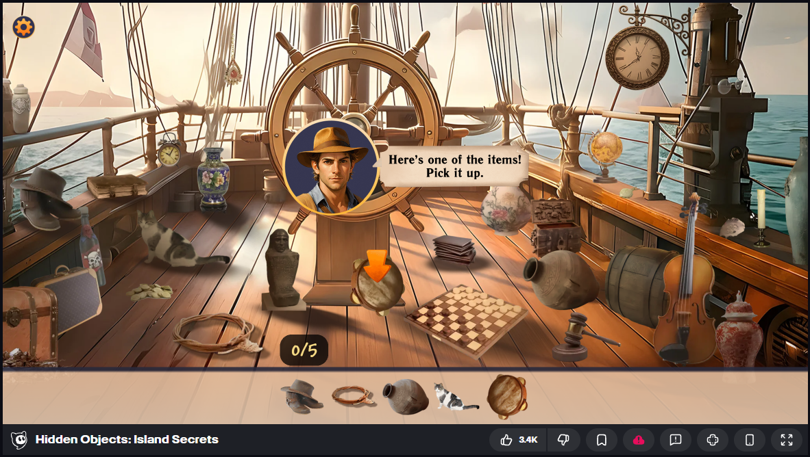A hidden-object scene aboard a ship filled with ornaments, instruments, pottery, and other objects